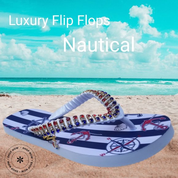 Women's Luxury nautical flip flops, with crystals and rhinestones, all occasions - Picture 15 of 17